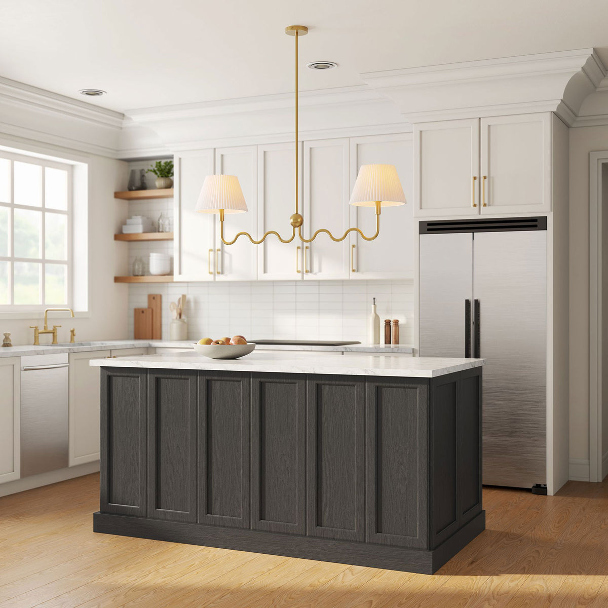 Elegant two-light pendant in brass adds modern charm to the kitchen || EEI-6874-BRA || front_angle_on_room