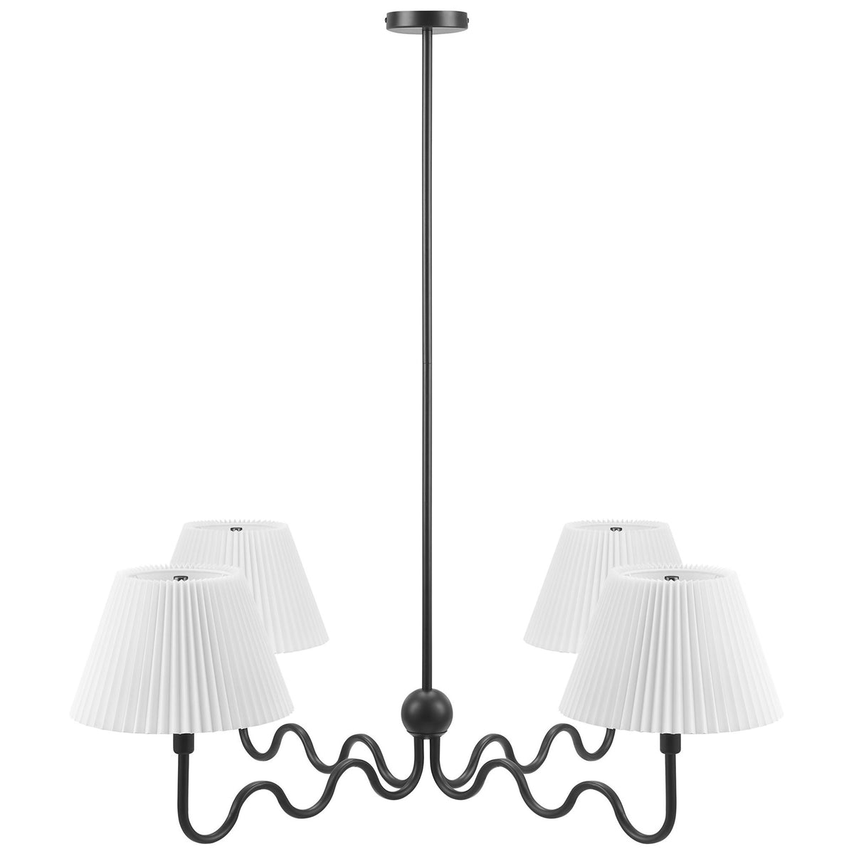 Playful squiggle-armed 4-light pendant with pleated white shades and a sleek black finish || EEI-6875-BLK || front_studio