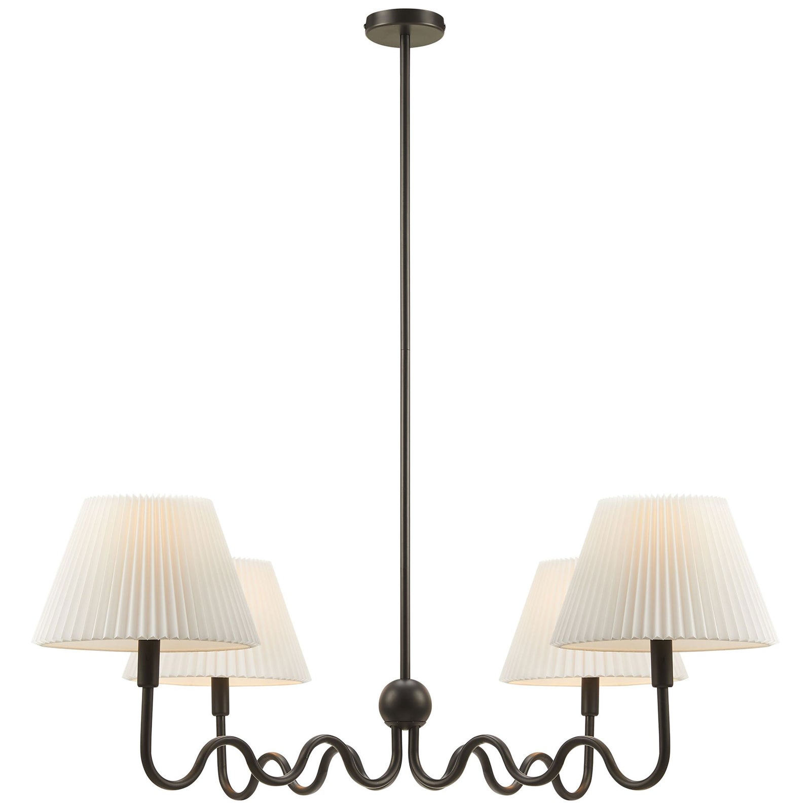 Warm-lit shades bring a soft glow to the sculptural squiggle 4-light pendant in black || EEI-6875-BLK || front_on_studio