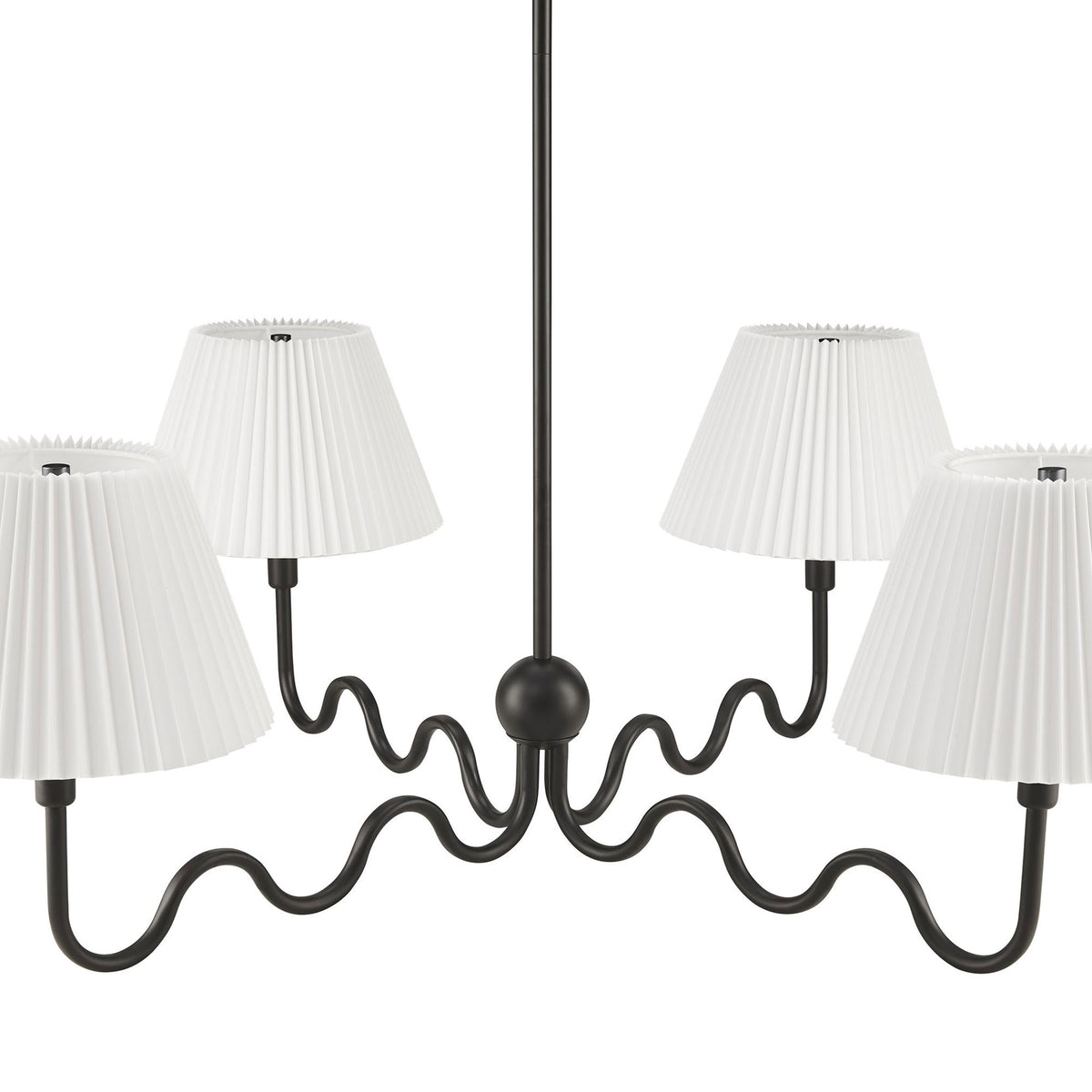 Curving iron arms create a lively wave silhouette beneath four crisp pleated fabric shades || EEI-6875-BLK || front_studio