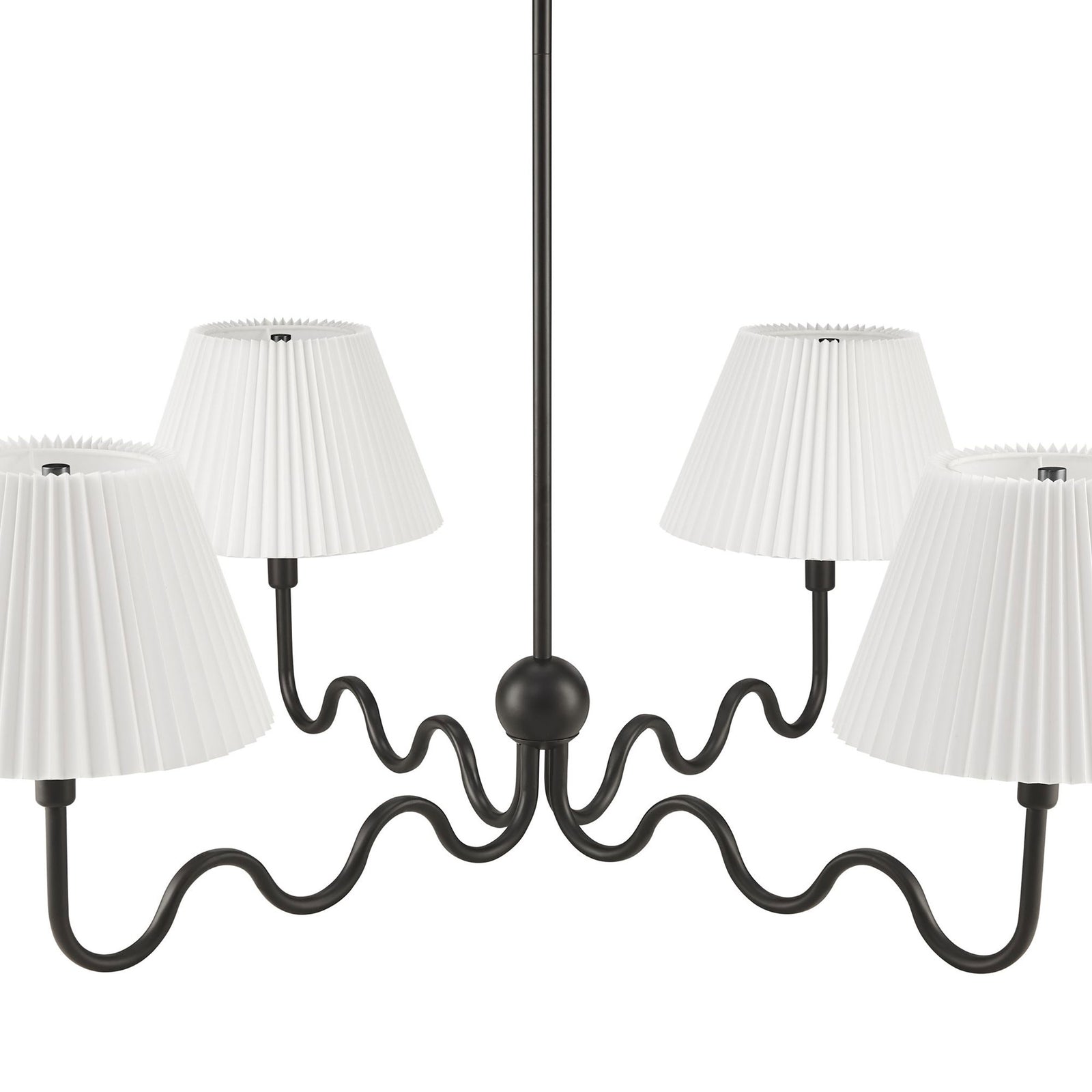 Curving iron arms create a lively wave silhouette beneath four crisp pleated fabric shades || EEI-6875-BLK || front_studio