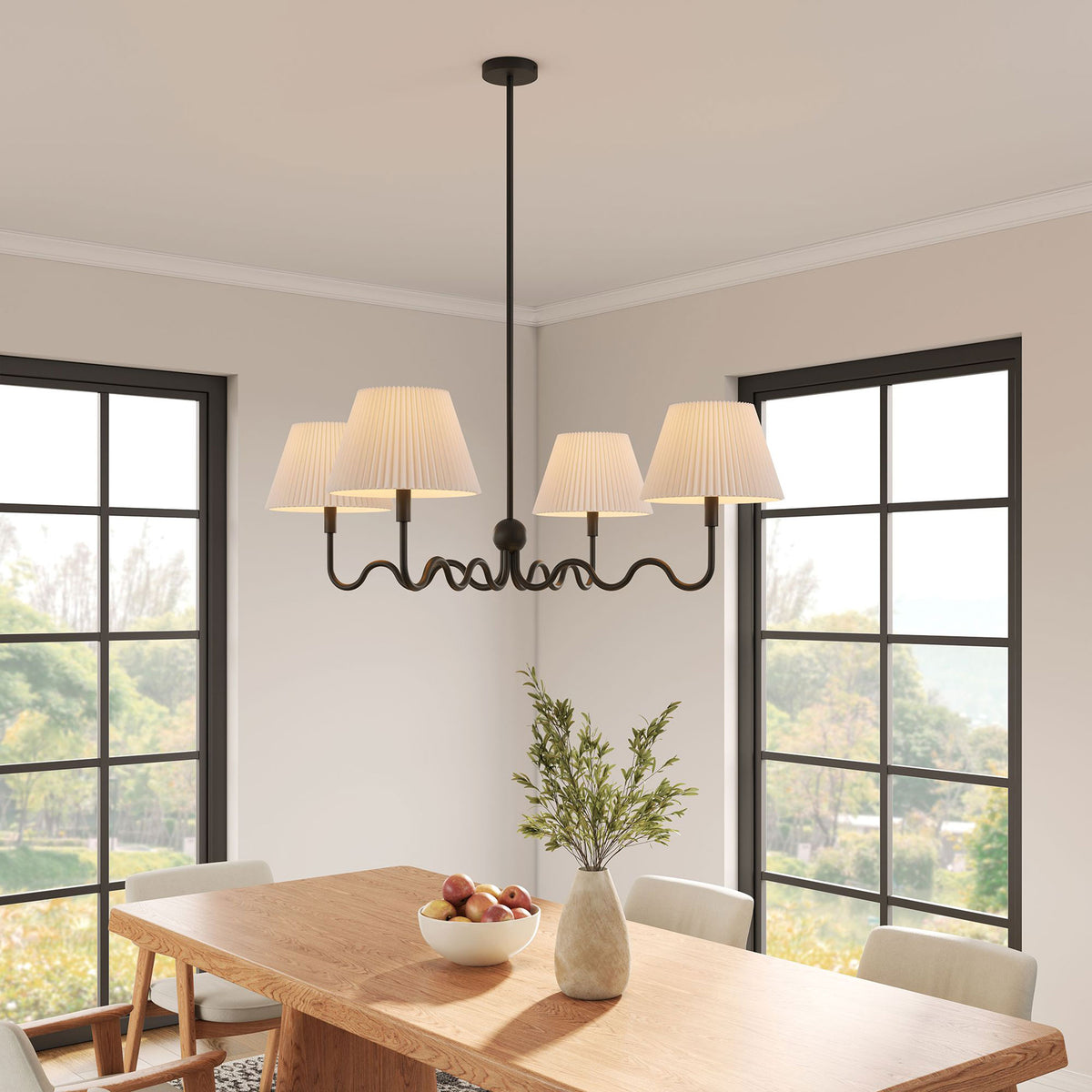 Warm light highlights the playful wave arms and tailored pleated shades for a standout pendant || EEI-6875-BLK || front_angle_on_room
