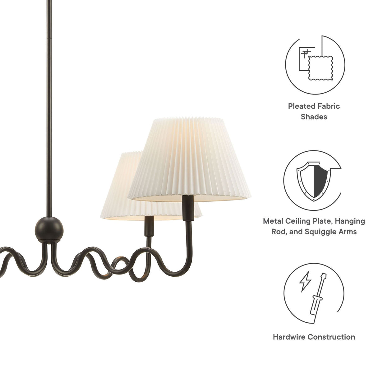 Pleated fabric shades and sturdy metal construction with hardwired installation for a polished finish || EEI-6875-BLK || callout_studio