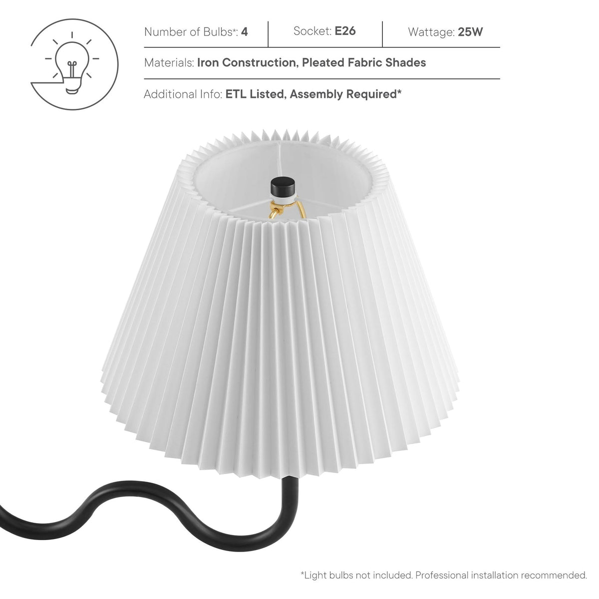 ETL listed design with four E26 sockets and 25W max per bulb, professional installation recommended || EEI-6875-BLK || callout_studio