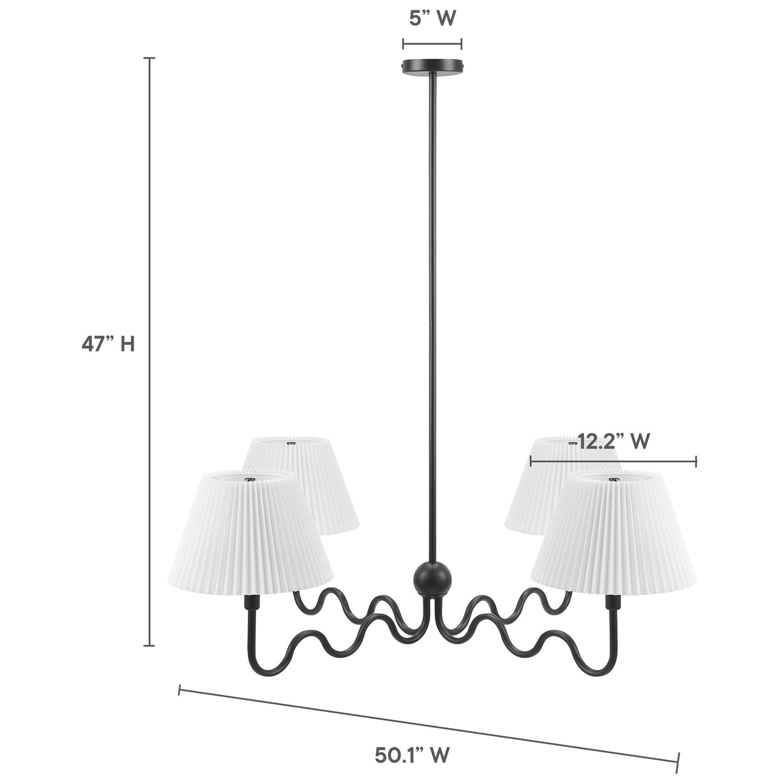 Generous 50.1 inch wide 4-light pendant with 47 inch height and 5 inch canopy shown with scale dimensions || EEI-6875-BLK || dimension_studio