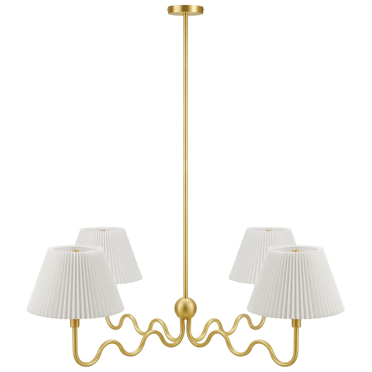 Brass 4-arm pendant with playful squiggle rods and crisp white pleated shades || EEI-6875-BRA || front_studio