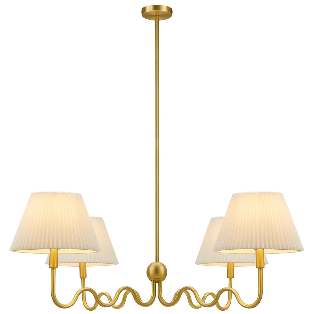 Warmly glowing pleated shades crown a brass 4-light pendant with sculptural squiggle arms || EEI-6875-BRA || front_on_studio