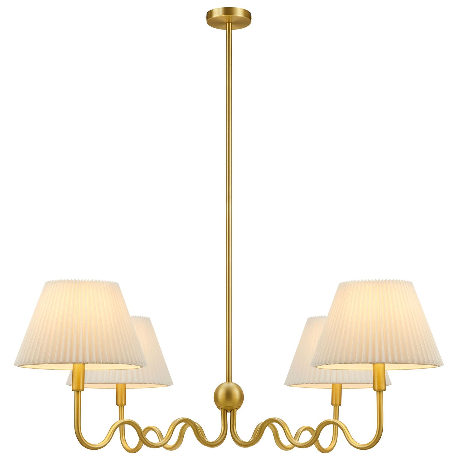 Warmly glowing pleated shades crown a brass 4-light pendant with sculptural squiggle arms || EEI-6875-BRA || front_on_studio