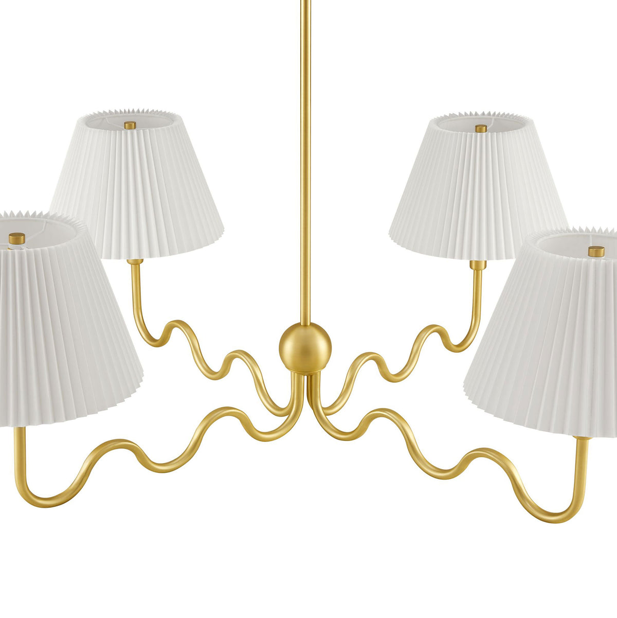 Sculptural brass sphere hub and wavy arms supporting pleated fabric shades || EEI-6875-BRA || detail_studio