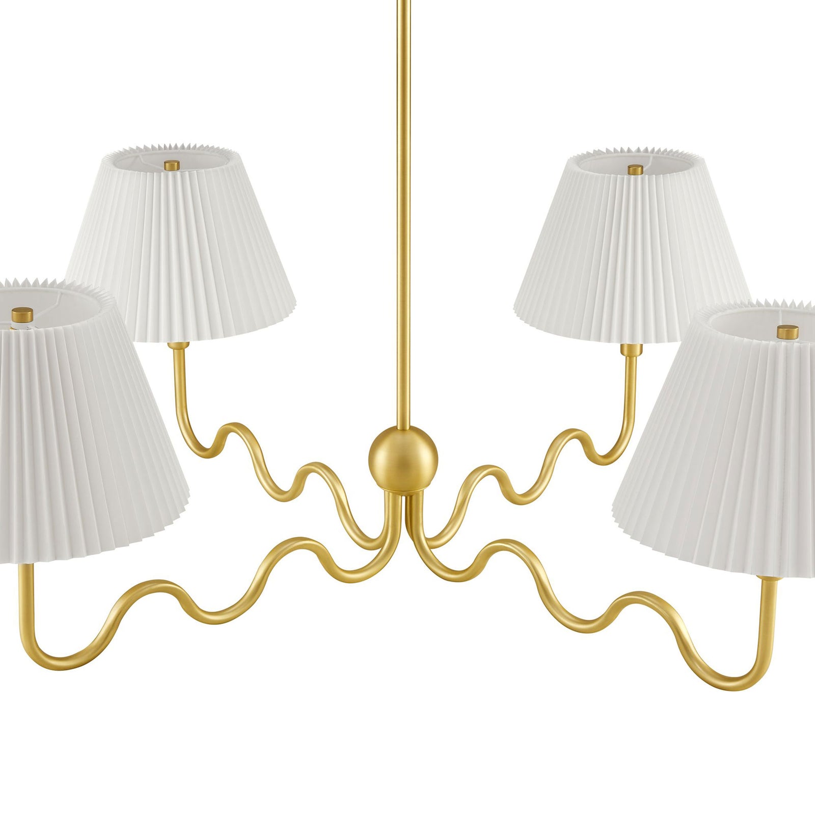 Sculptural brass sphere hub and wavy arms supporting pleated fabric shades || EEI-6875-BRA || detail_studio