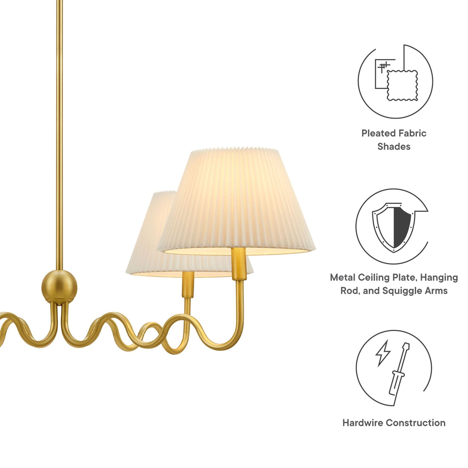 Pleated fabric shades, metal canopy, and hardwired construction for a clean, modern look || EEI-6875-BRA || callout_studio