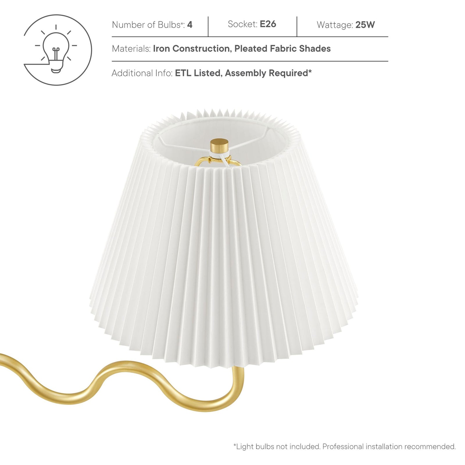 Uses four E26 bulbs and pleated shades; ETL listed for safety || EEI-6875-BRA || callout_studio