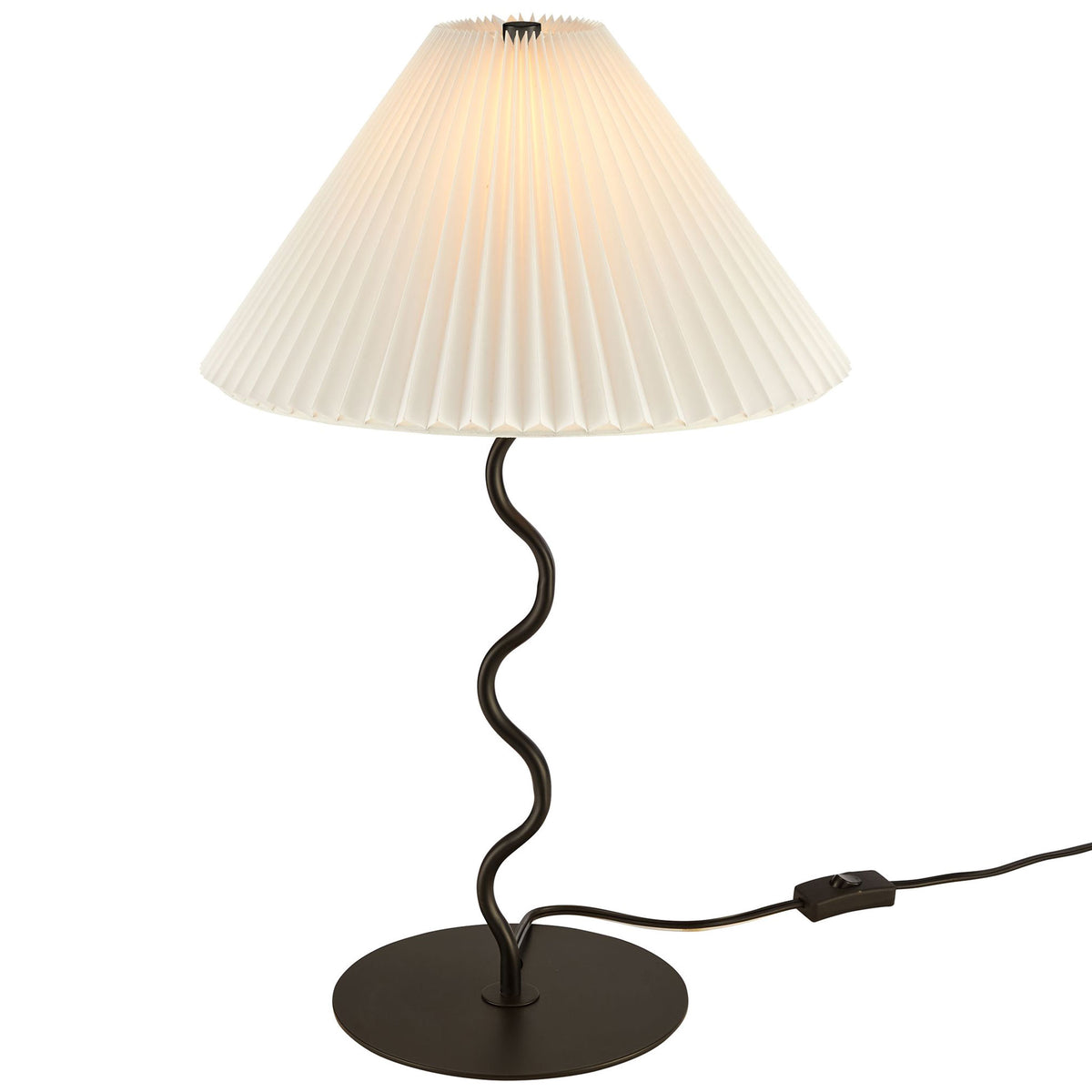 Wave squiggle table lamp glowing through a pleated shade, adding warm ambient light with a sculptural base || EEI-6876-BLK || front_angle_on_studio