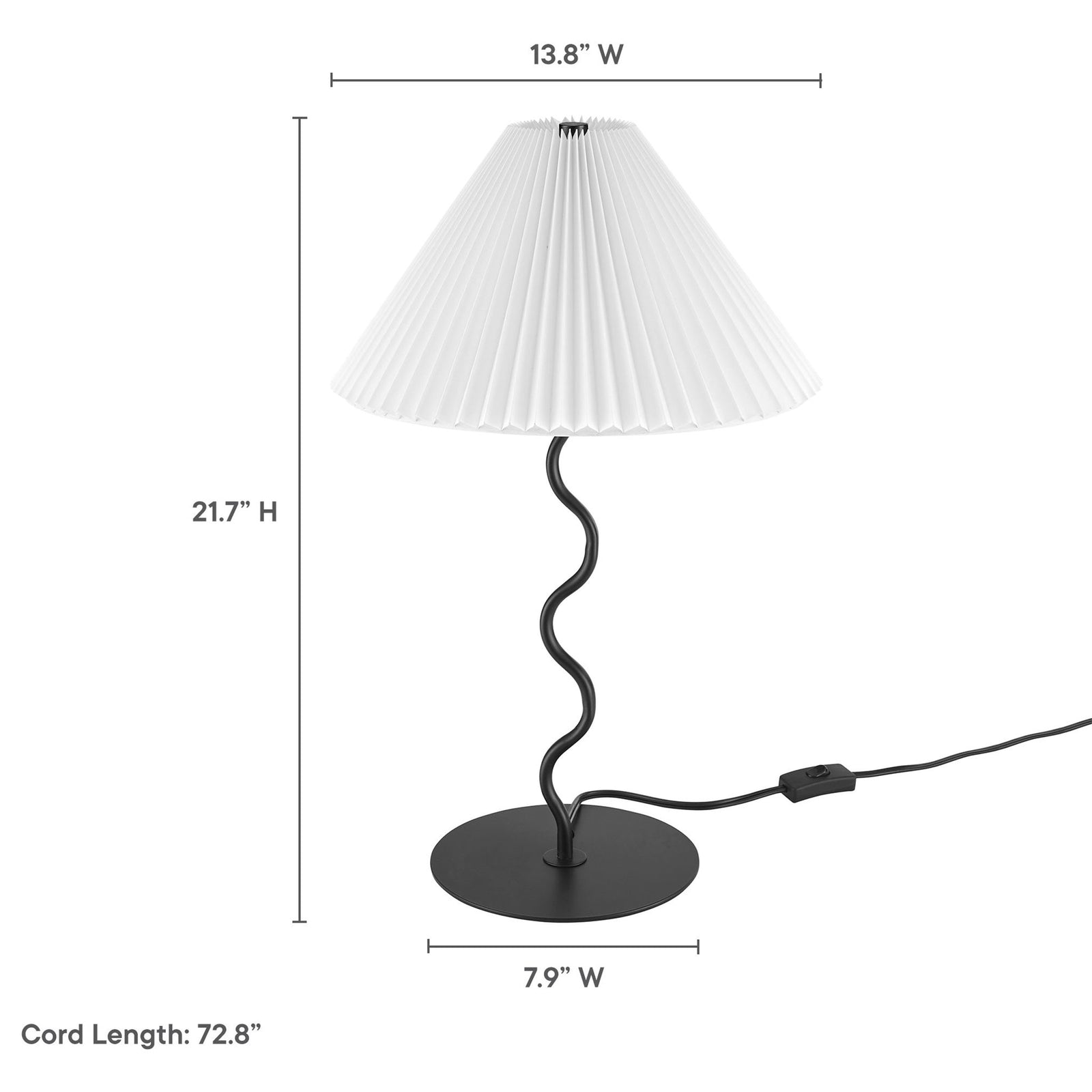 Wave squiggle table lamp with dimensions and cord length shown for easy size and placement planning || EEI-6876-BLK || dimension_studio
