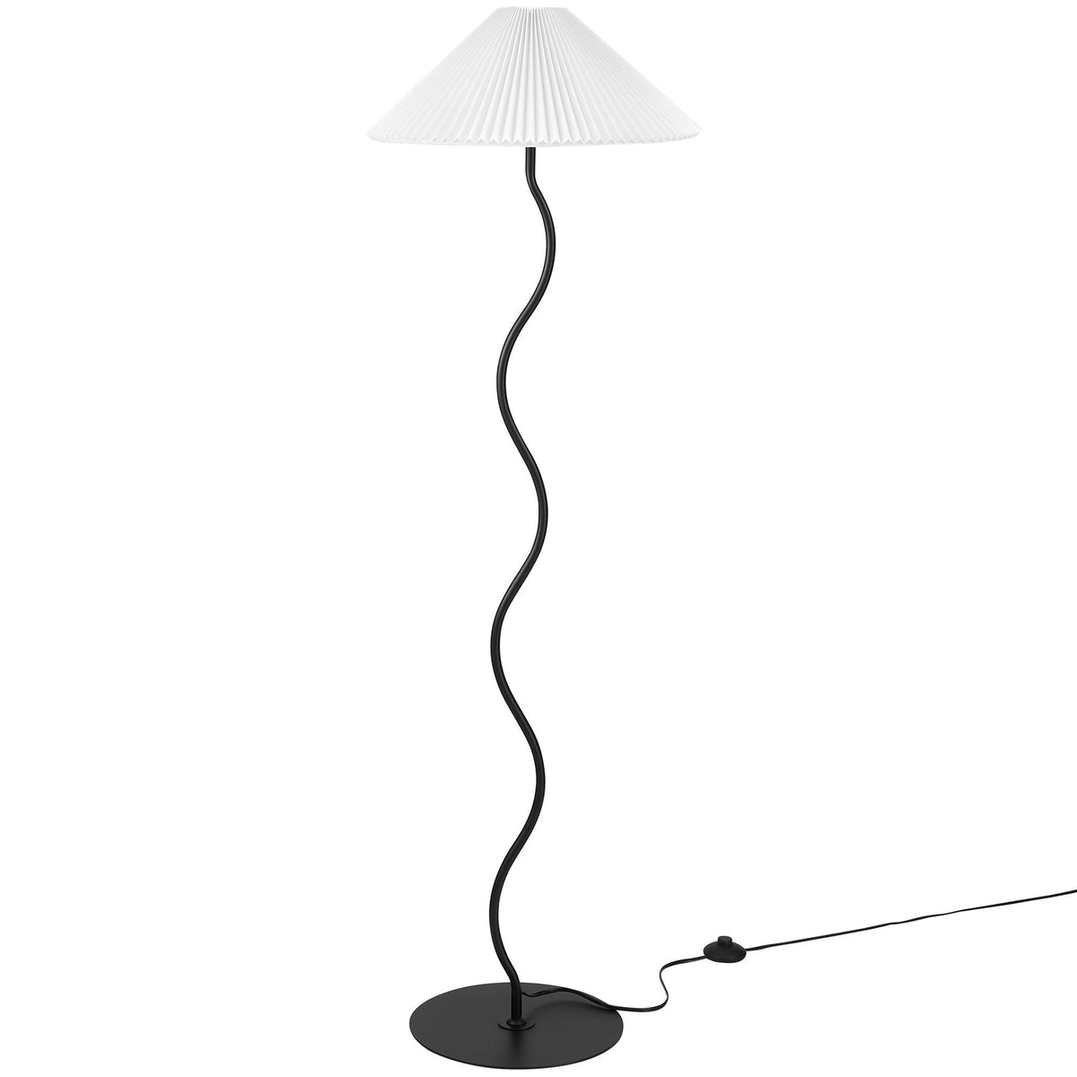 Modern black squiggle floor lamp with sculptural metal base and crisp pleated white shade. || EEI-6877-BLK || front_studio