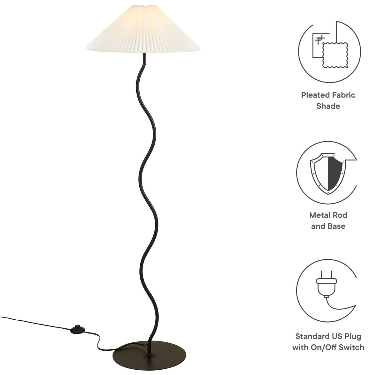 Wave squiggle floor lamp with pleated fabric shade, sturdy metal base, and standard plug with inline switch. || EEI-6877-BLK || callout_studio