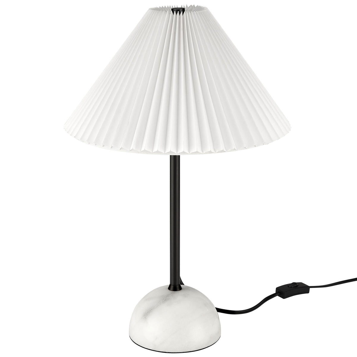 Illusion lamp with black stem, pleated white shade, and marble dome base for modern bedside lighting. || EEI-6878-BLK || front_studio