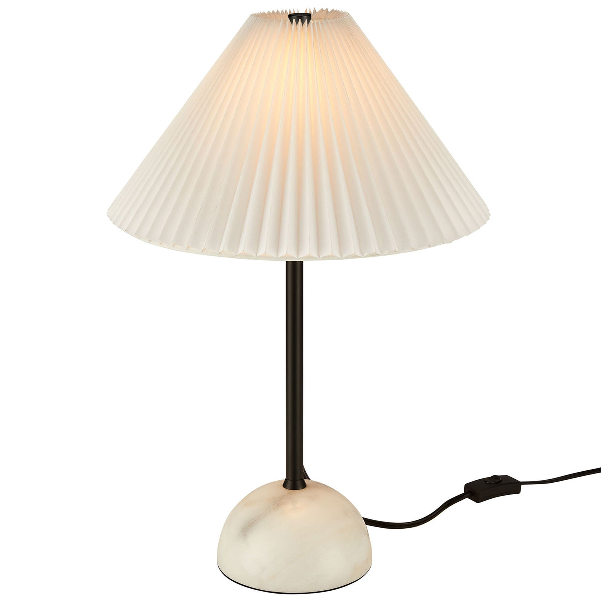 Illusion lamp glowing softly through its pleated shade above a sleek black stem and marble dome base. || EEI-6878-BLK || front_on_studio