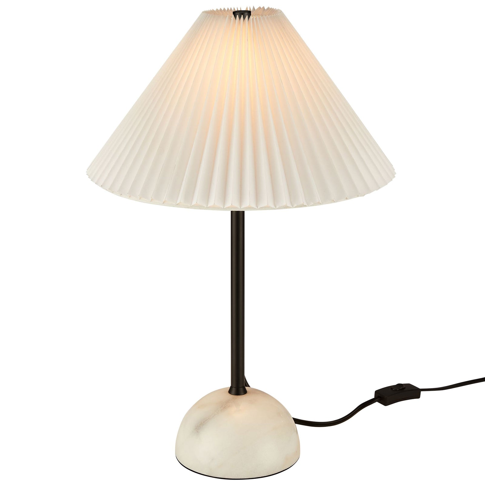 Illusion lamp glowing softly through its pleated shade above a sleek black stem and marble dome base. || EEI-6878-BLK || front_on_studio