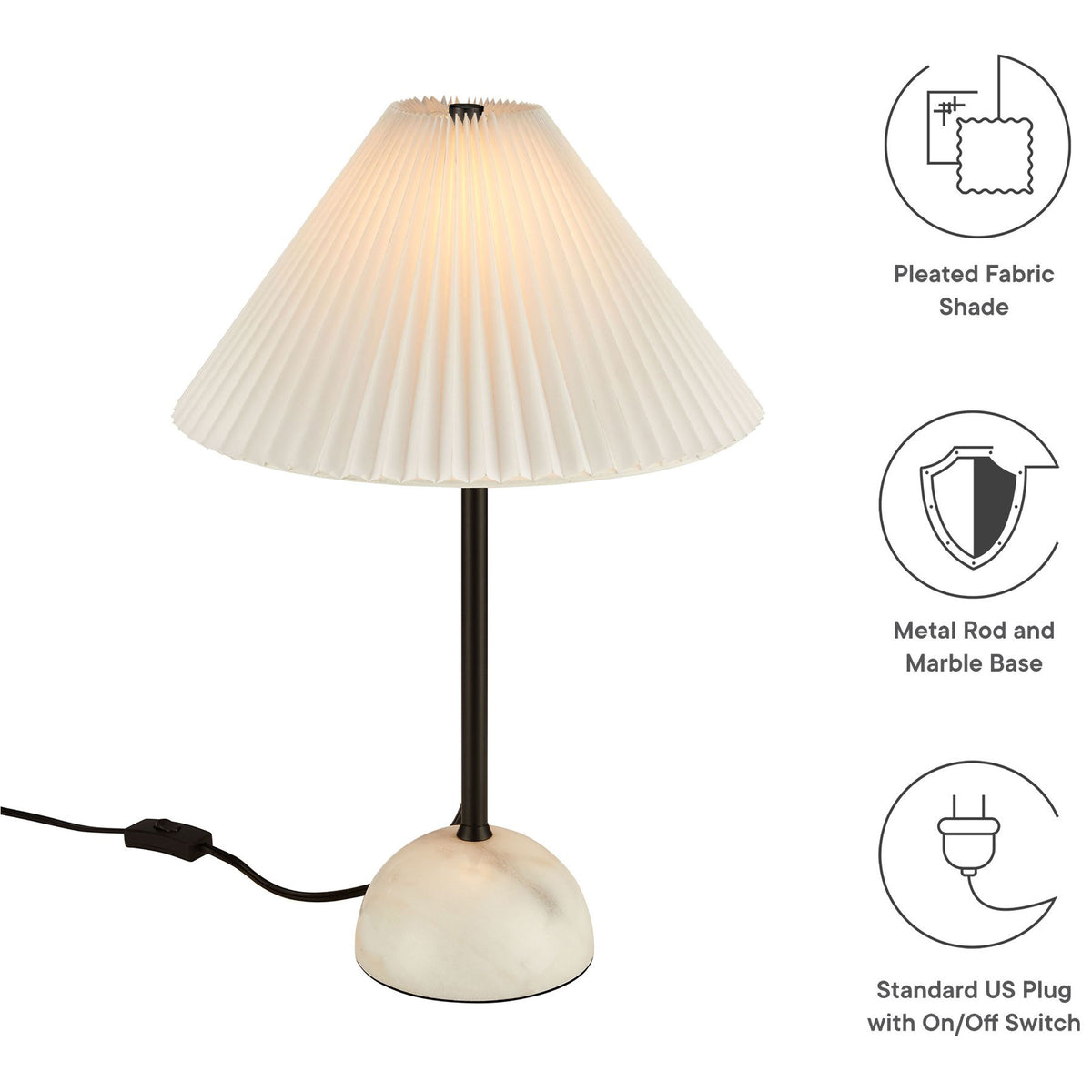 Key Illusion lamp features including pleated fabric shade, marble base, and standard plug with switch. || EEI-6878-BLK || callout_studio