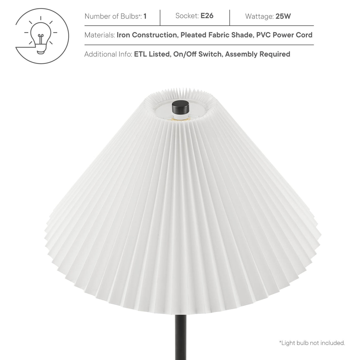 Illusion lamp materials and bulb details highlighting iron frame, fabric shade, and ETL listing. || EEI-6878-BLK || callout_studio