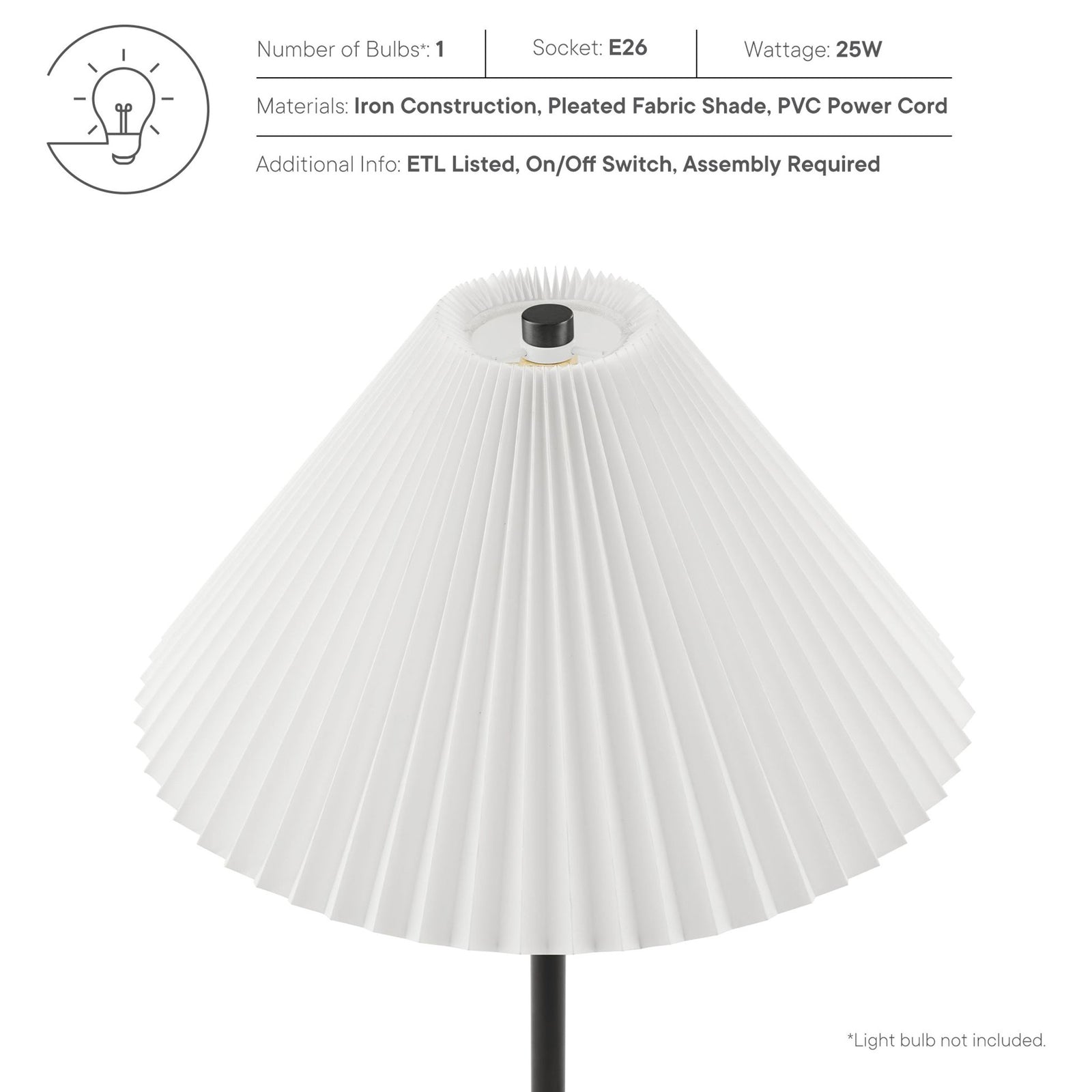 Illusion lamp materials and bulb details highlighting iron frame, fabric shade, and ETL listing. || EEI-6878-BLK || callout_studio