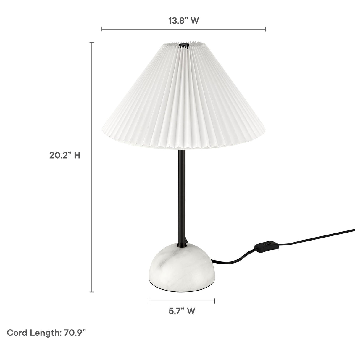 Illusion lamp dimensions and cord length shown for easy fit on desks, nightstands, or console tables. || EEI-6878-BLK || dimension_studio