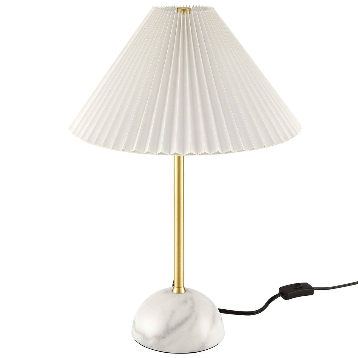 Illusion lamp with brass-finish stem, pleated white shade, and marble dome base for modern bedside lighting. || EEI-6878-BRA || front_studio