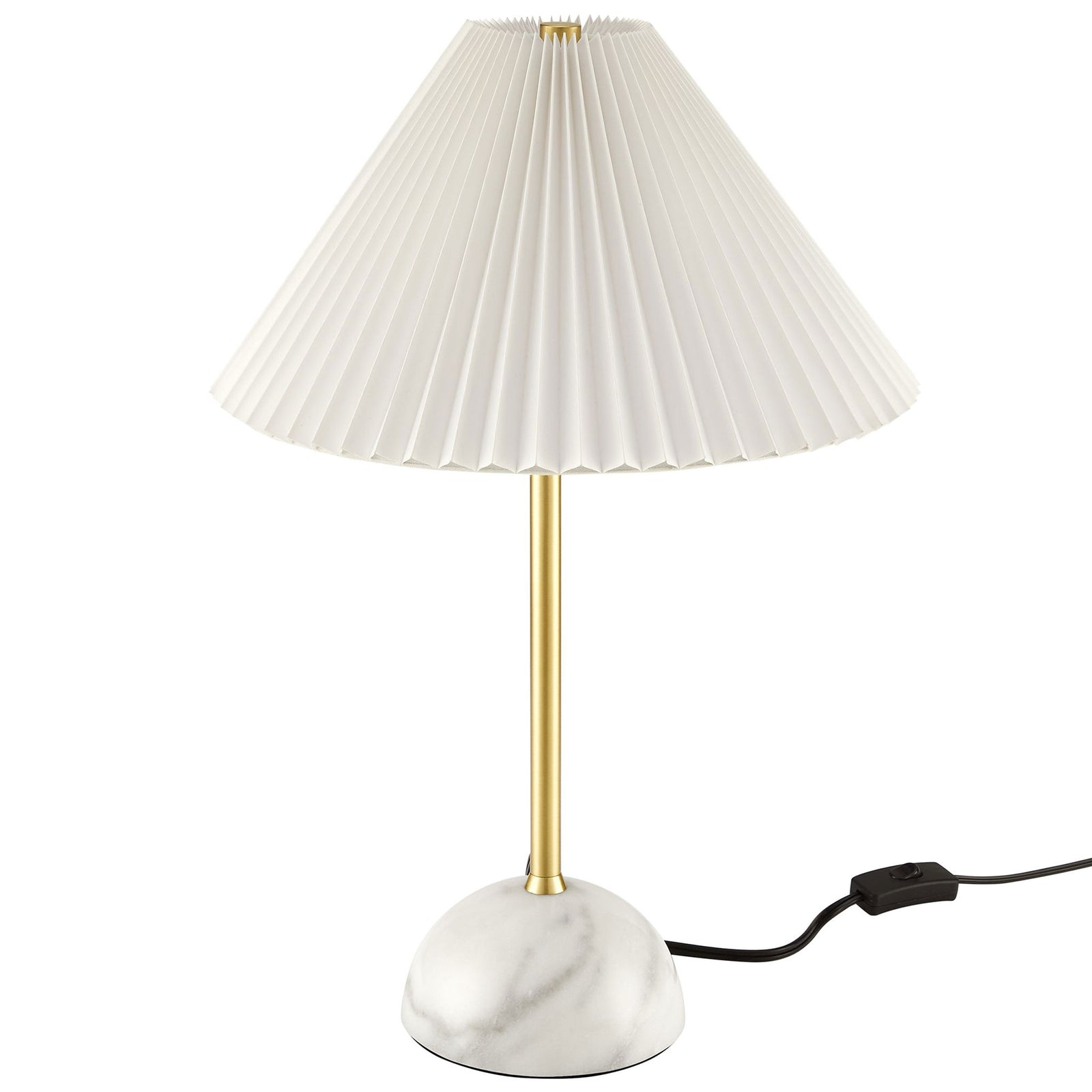 Illusion lamp with brass-finish stem, pleated white shade, and marble dome base for modern bedside lighting. || EEI-6878-BRA || front_studio