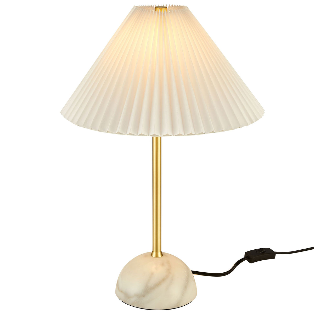 Illusion lamp glowing warmly through its pleated shade above a slim brass stem and marble dome base. || EEI-6878-BRA || front_on_studio