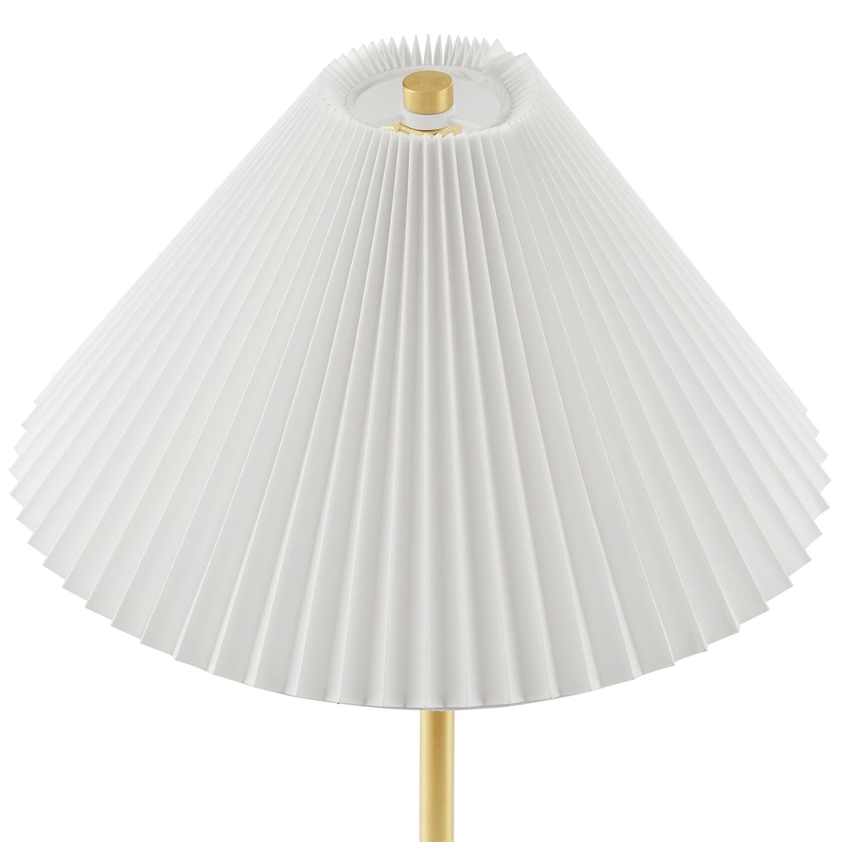 Close-up of the Illusion lamp's white pleated shade topped with a brass finial for a polished look. || EEI-6878-BRA || shade_studio