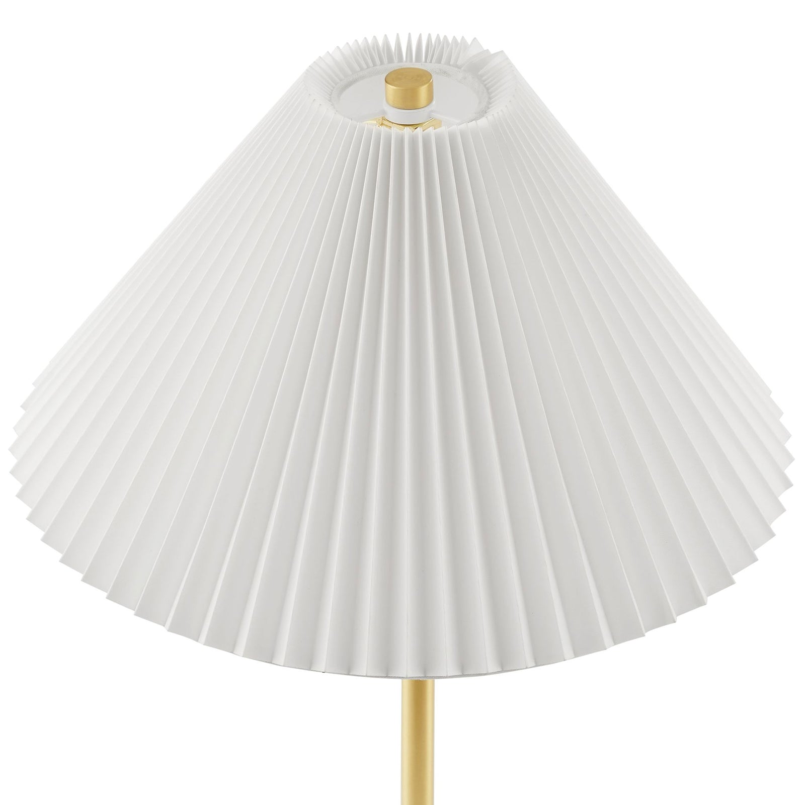 Close-up of the Illusion lamp's white pleated shade topped with a brass finial for a polished look. || EEI-6878-BRA || shade_studio
