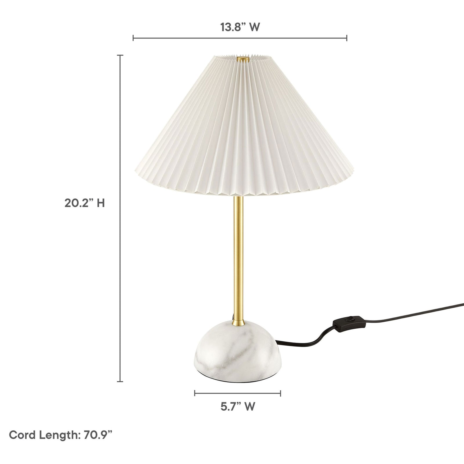 Illusion lamp overall height, shade width, base size, and cord length illustrated with measurements. || EEI-6878-BRA || dimension_studio