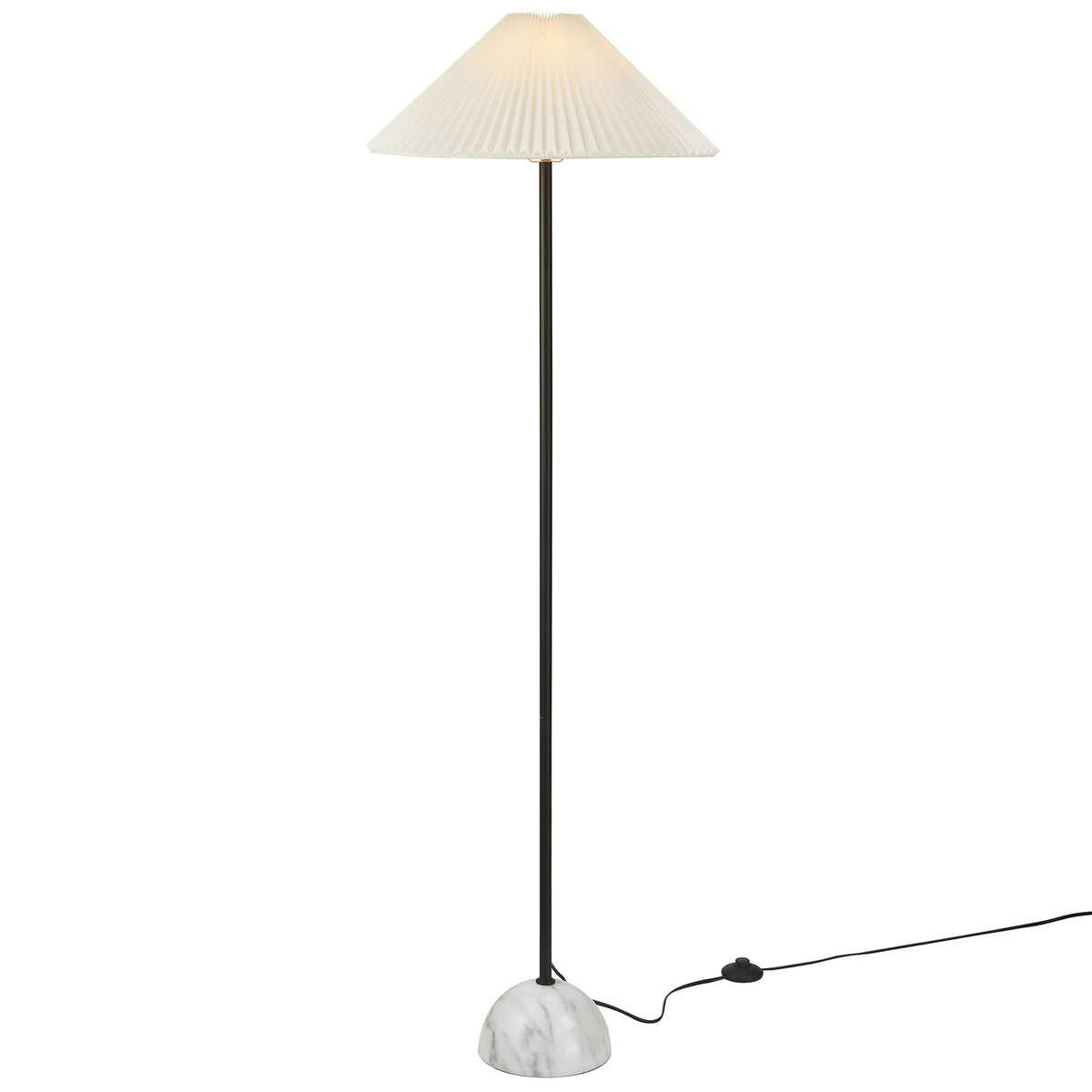 Illusion floor lamp casting a soft glow from its pleated shade above a sleek black pole and marble dome base || EEI-6879-BLK || front_on_studio
