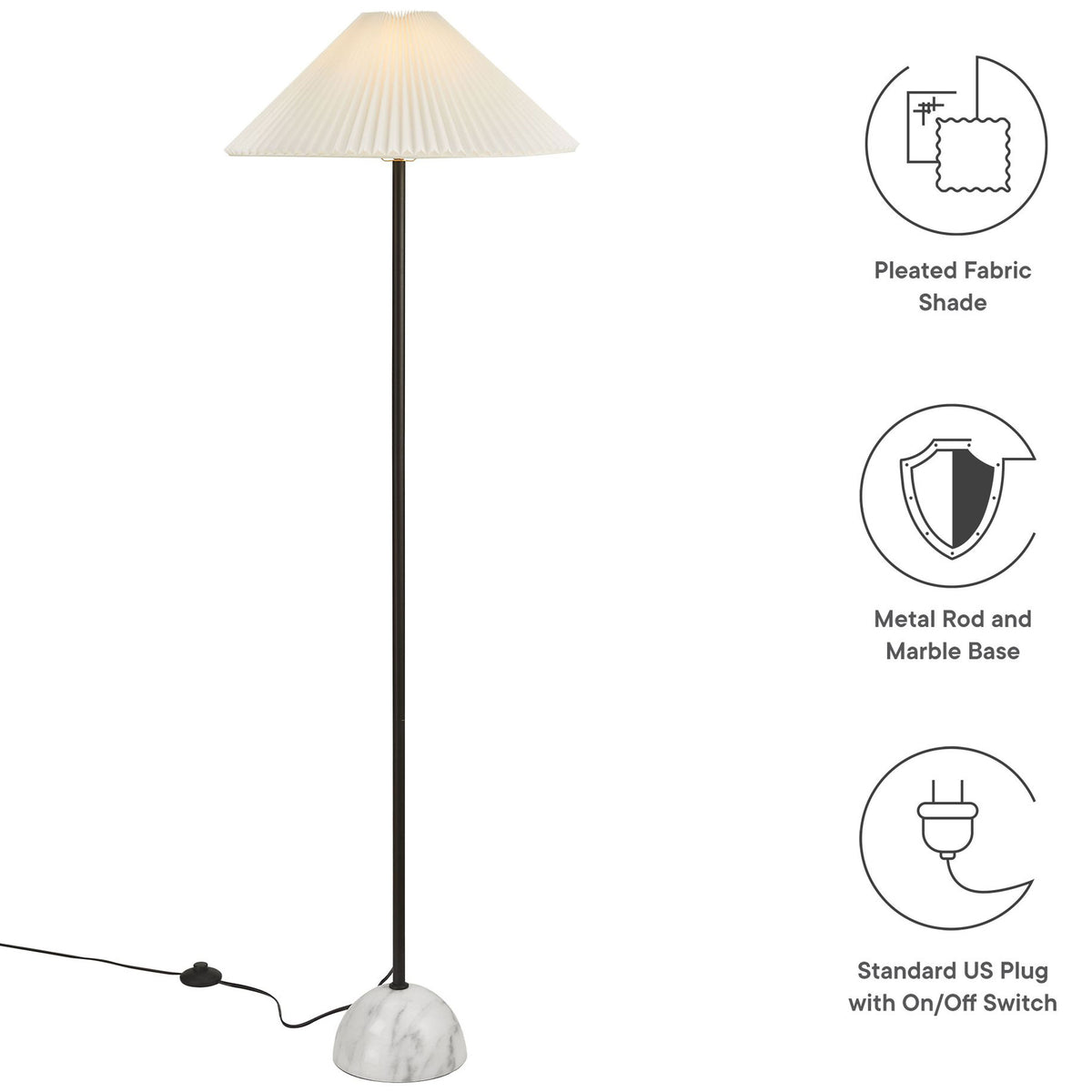 Illusion floor lamp with pleated fabric shade, metal rod, marble base, and standard US plug switch highlights || EEI-6879-BLK || callout_studio