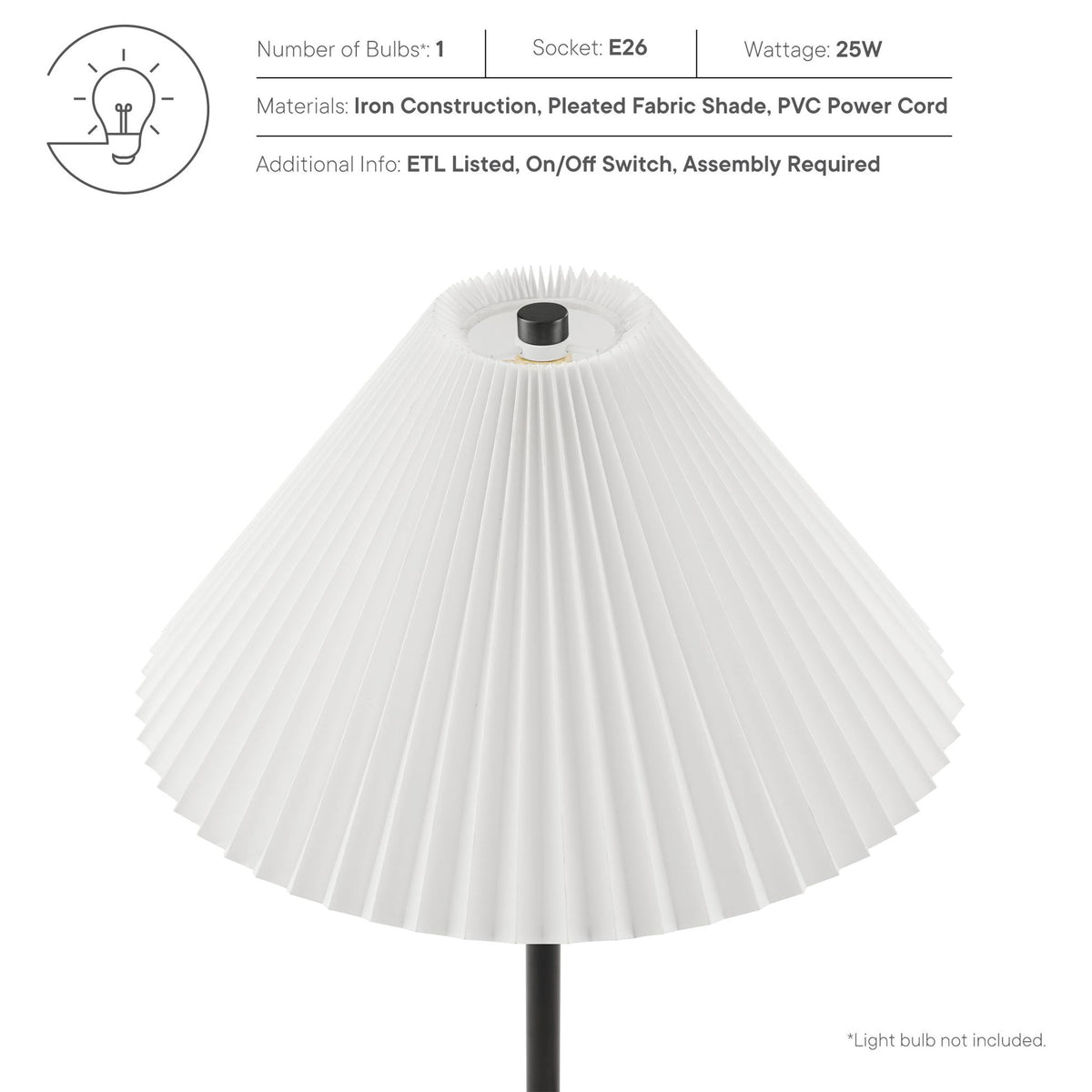 Materials and bulb details for the Illusion floor lamp including pleated shade, iron construction, and PVC power cord || EEI-6879-BLK || callout_studio