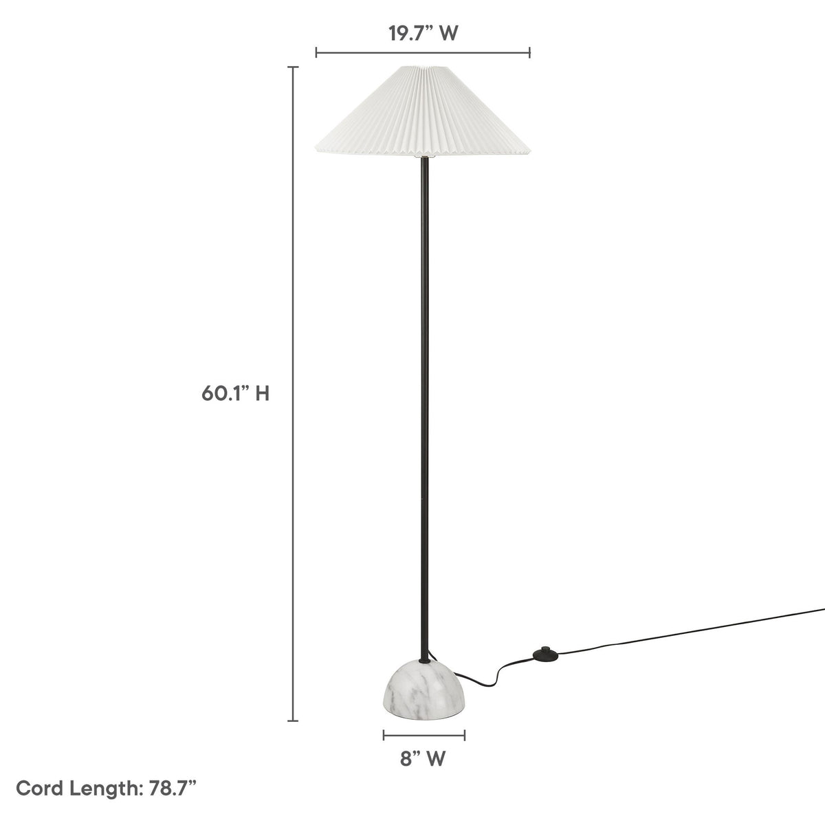 Dimension guide for the Illusion floor lamp showing height, shade width, base width, and cord length || EEI-6879-BLK || dimension_studio