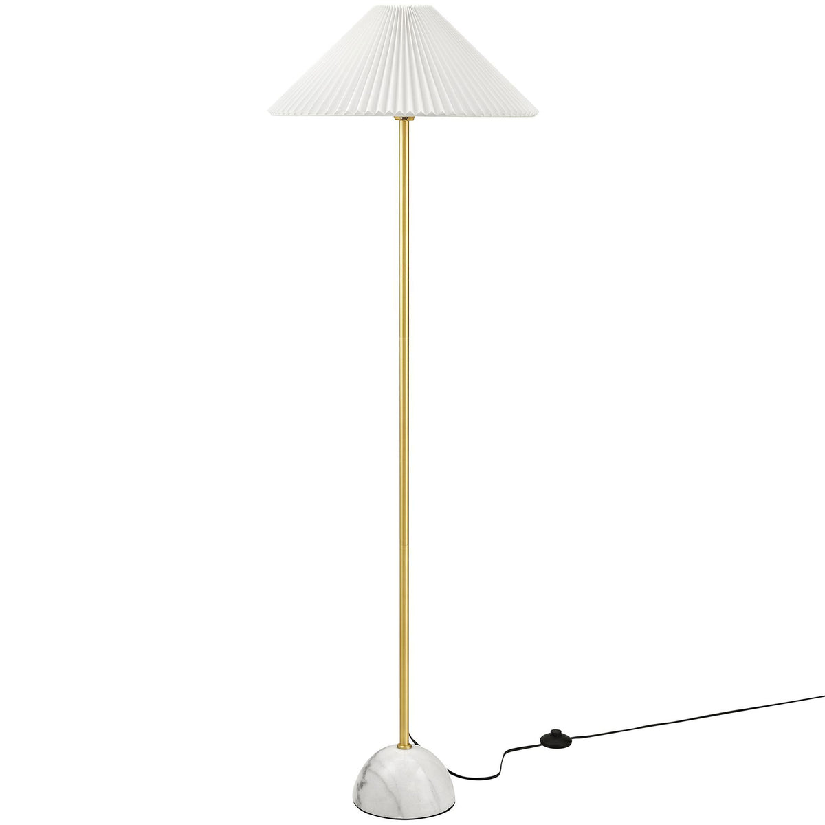 Brass floor lamp with white pleated shade and marble dome base on a clean white background || EEI-6879-BRA || front_studio