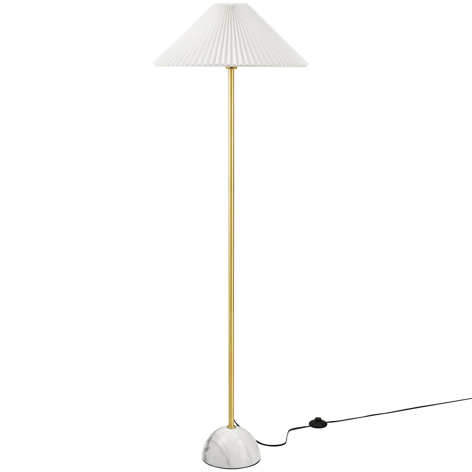 Brass floor lamp with white pleated shade and marble dome base on a clean white background || EEI-6879-BRA || front_studio