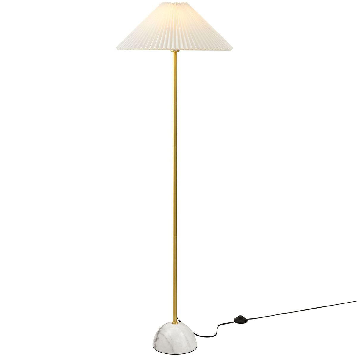 Illuminated brass floor lamp with glowing pleated shade and rounded marble base on white background || EEI-6879-BRA || front_on_studio