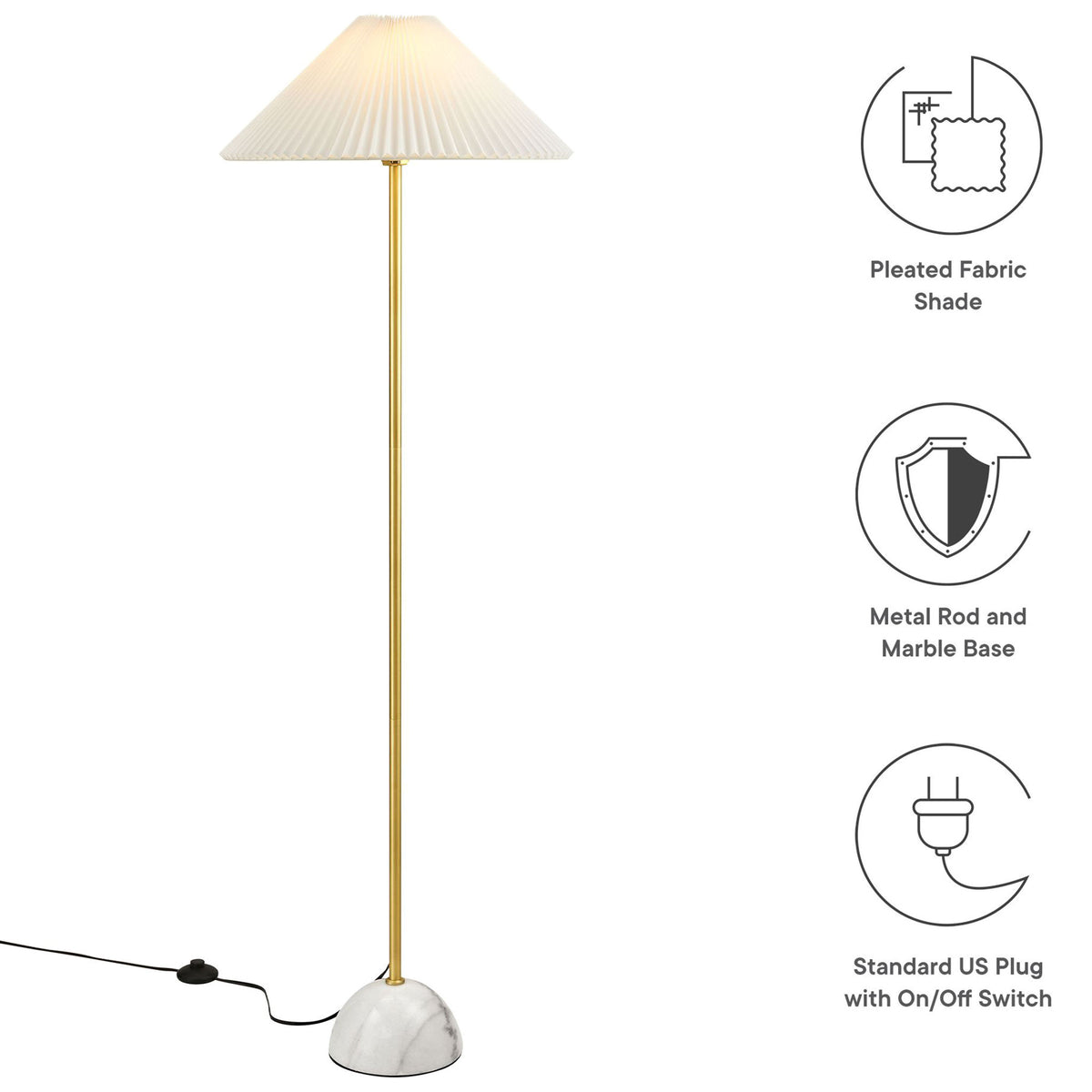 Brass floor lamp with pleated shade and marble base shown with icons for key features || EEI-6879-BRA || callout_studio
