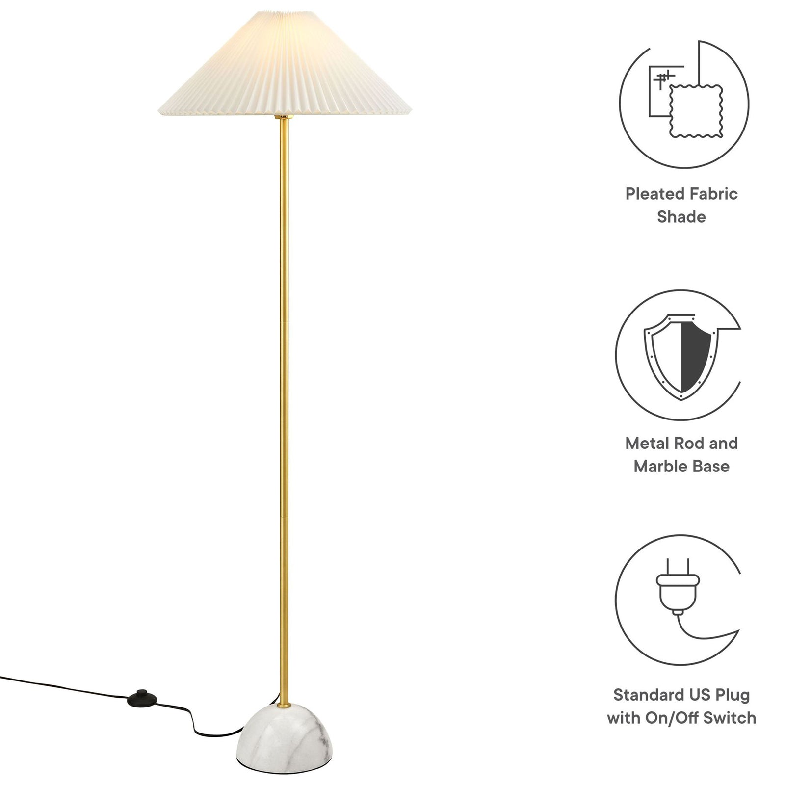 Brass floor lamp with pleated shade and marble base shown with icons for key features || EEI-6879-BRA || callout_studio