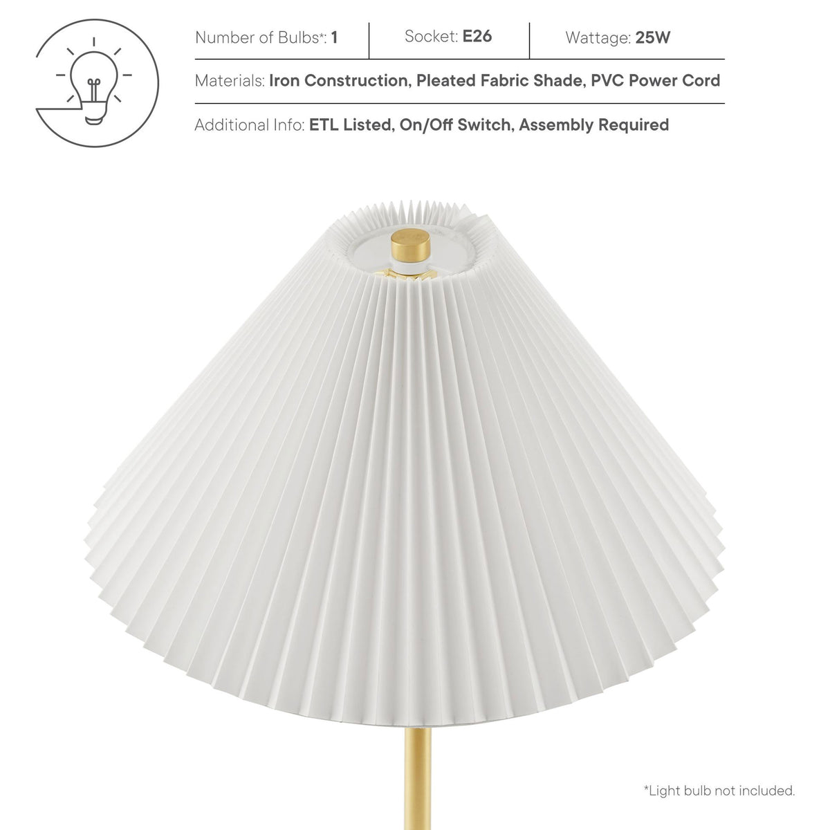 Pleated shade and brass finial with overlay text listing lamp materials and specs || EEI-6879-BRA || callout_studio