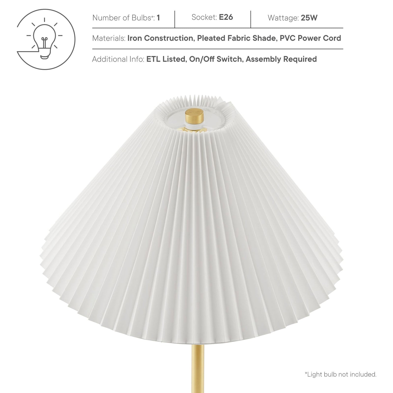 Pleated shade and brass finial with overlay text listing lamp materials and specs || EEI-6879-BRA || callout_studio