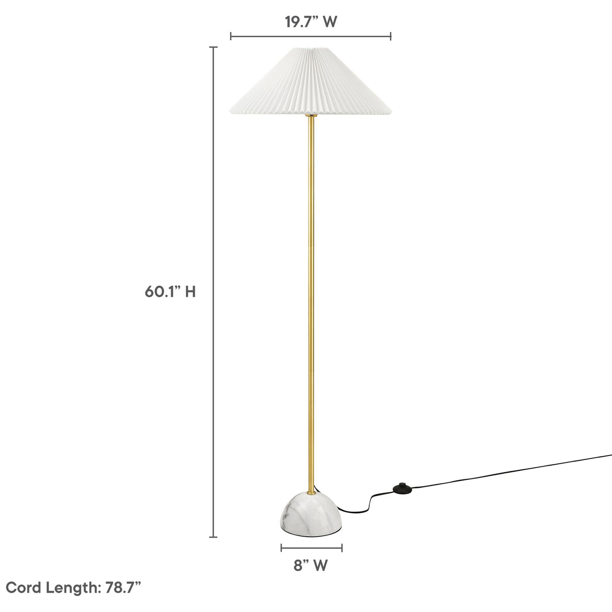 Floor lamp with marble base and pleated shade shown with overall height, width, and cord length measurements || EEI-6879-BRA || dimension_studio