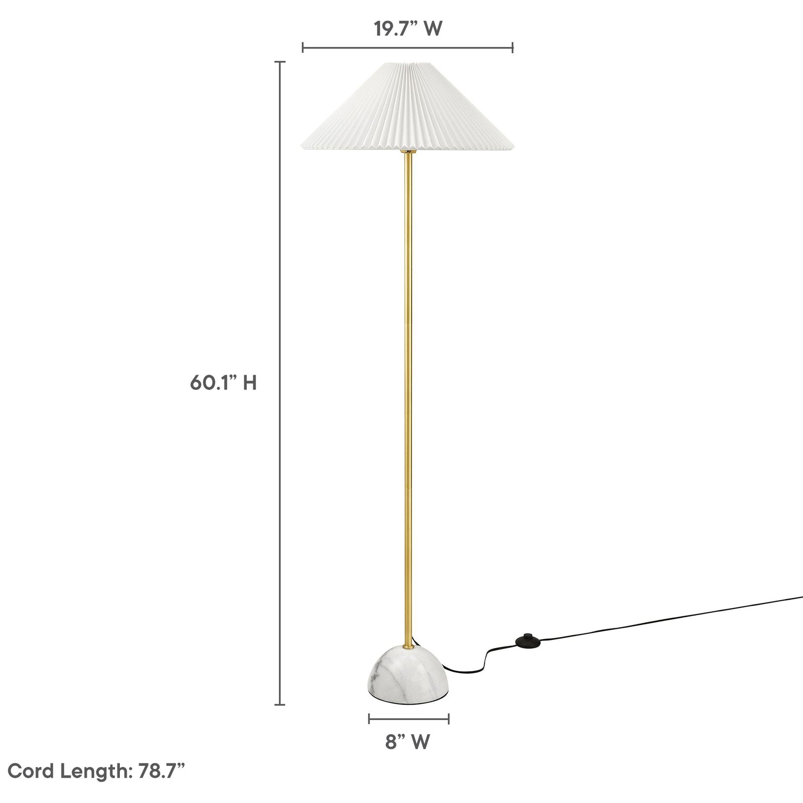 Floor lamp with marble base and pleated shade shown with overall height, width, and cord length measurements || EEI-6879-BRA || dimension_studio