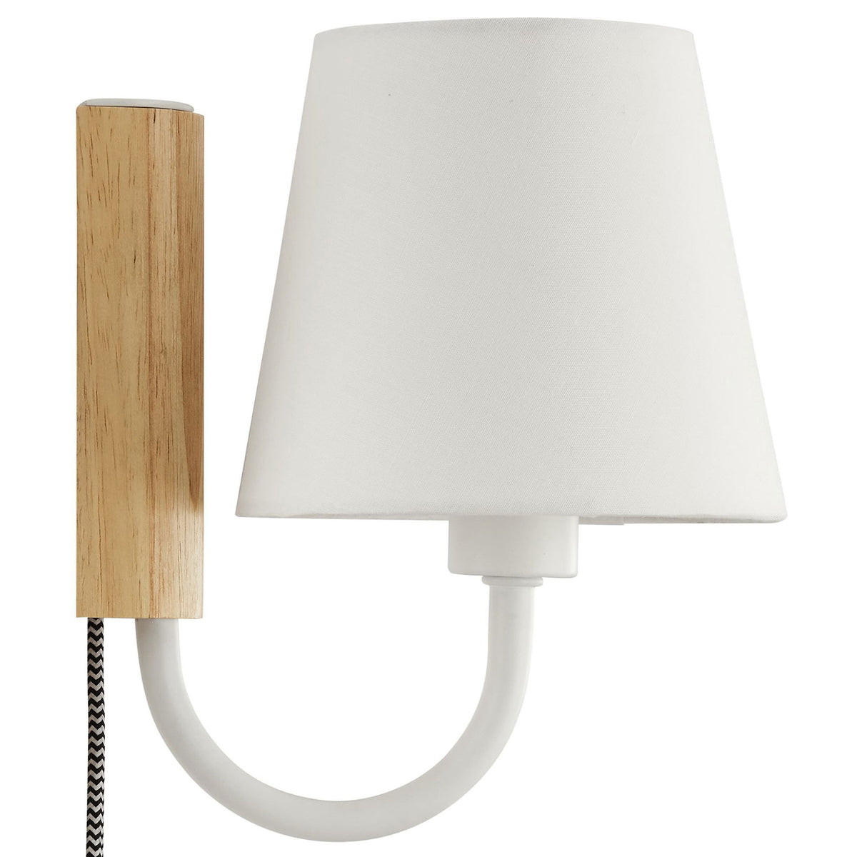 Natural wood backplate and white U shaped arm wall sconce with clean white fabric shade || EEI-6880-NAT-WHI || side_studio