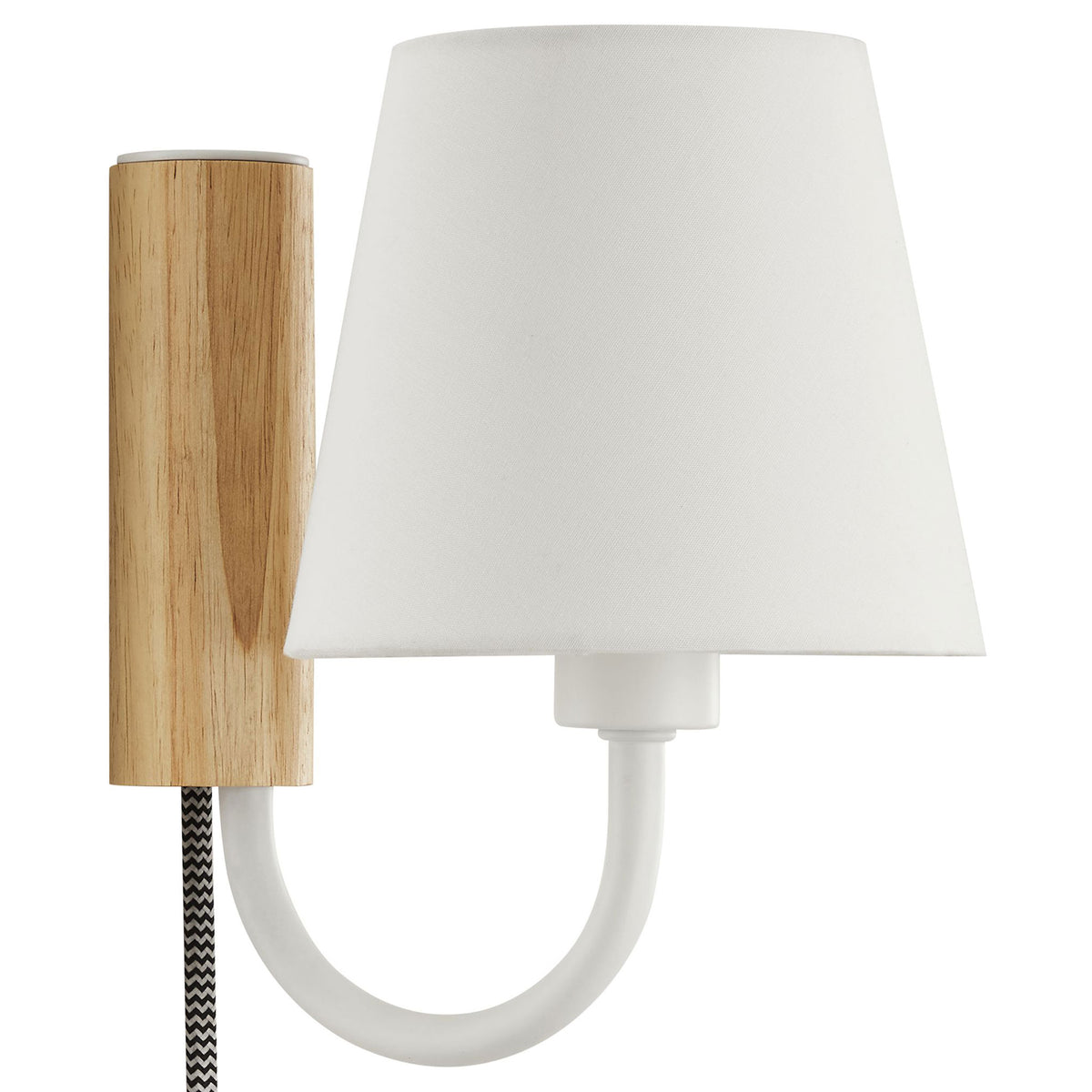 Sunlit swivel wall sconce in white finish showcases its curved U arm and slim natural wood base || EEI-6880-NAT-WHI || front_angle_studio