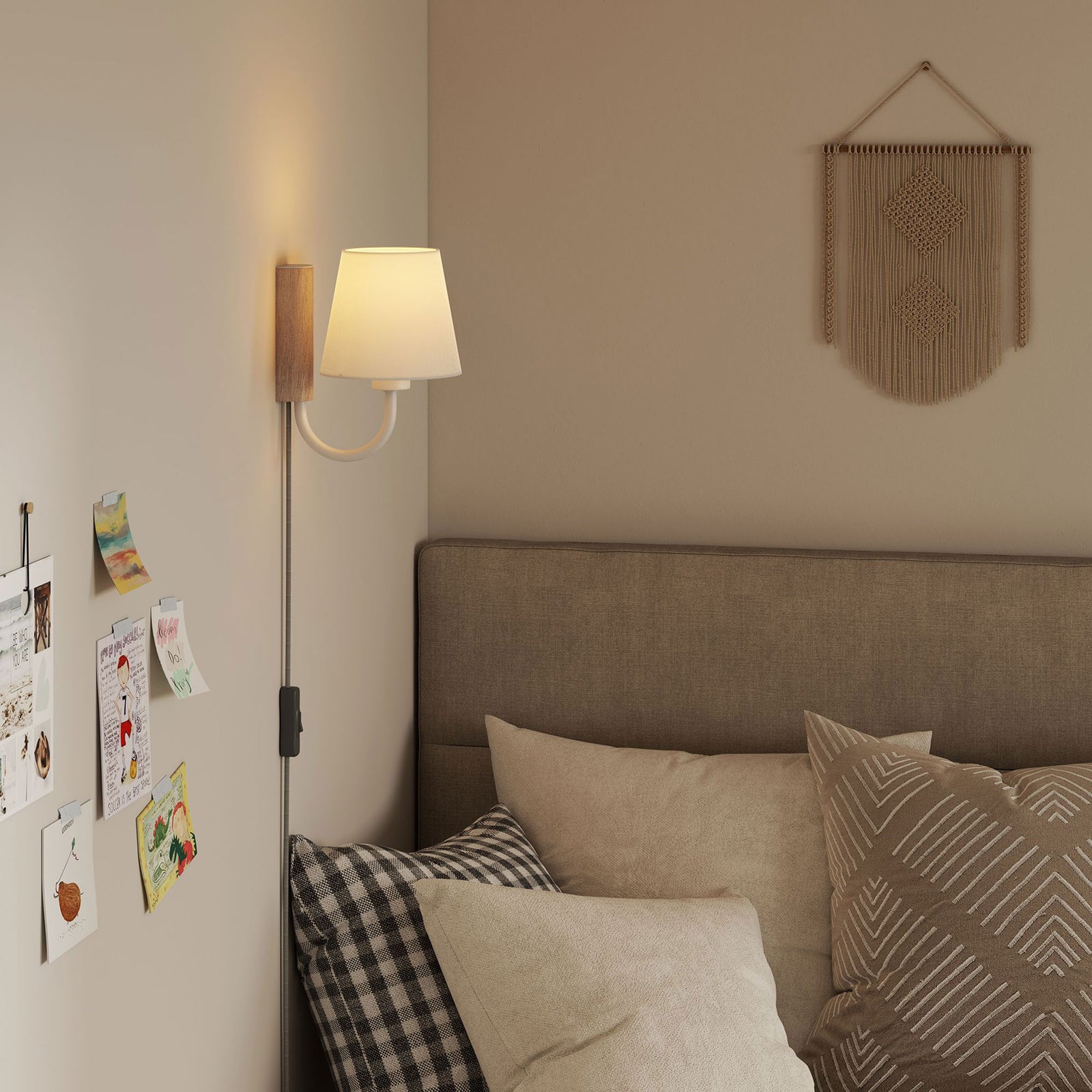 Natural wood and white U arm wall sconce creates a warm reading light beside a layered bed || EEI-6880-NAT-WHI || front_angle_on_room