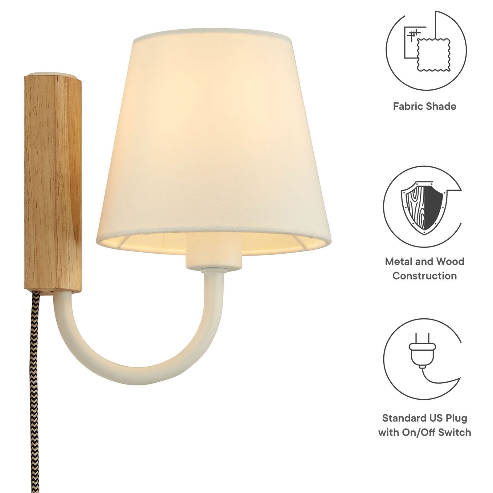 Sunlit wall sconce with icons highlighting fabric shade, mixed metal and wood build, and plug in cord || EEI-6880-NAT-WHI || callout_studio
